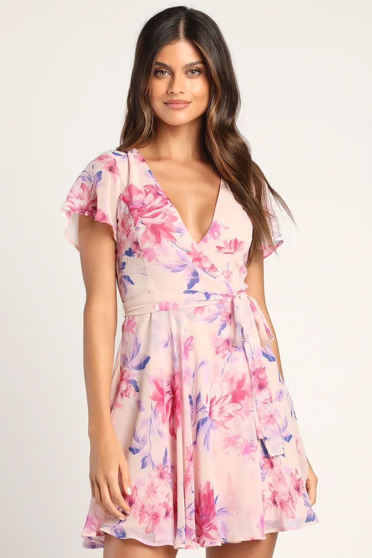 In the Gardens Blush Pink Floral Print Surplice Mini Dress | Lulus (US)