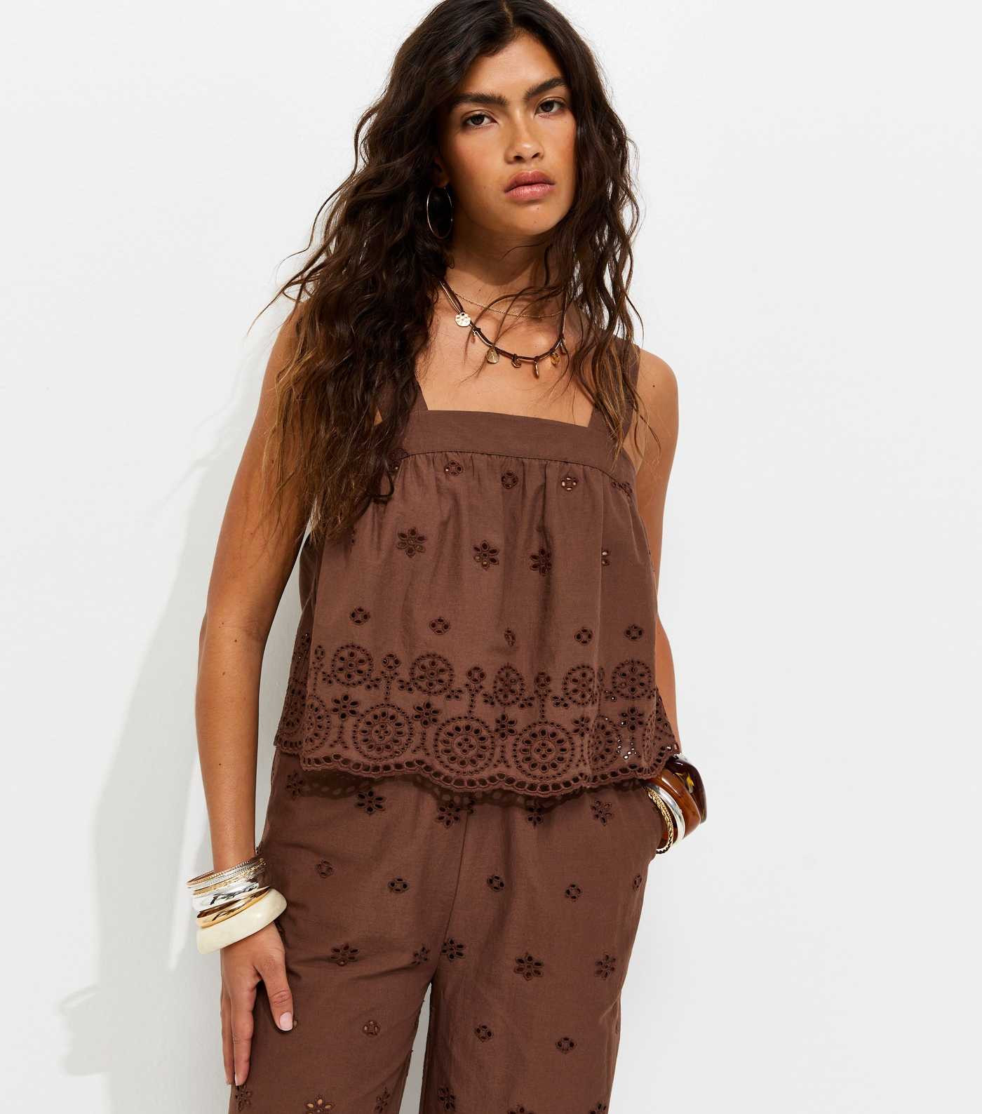 Dark Brown Cotton Broderie Embroidered Scalloped Hem Cami Top | New Look | New Look (UK)