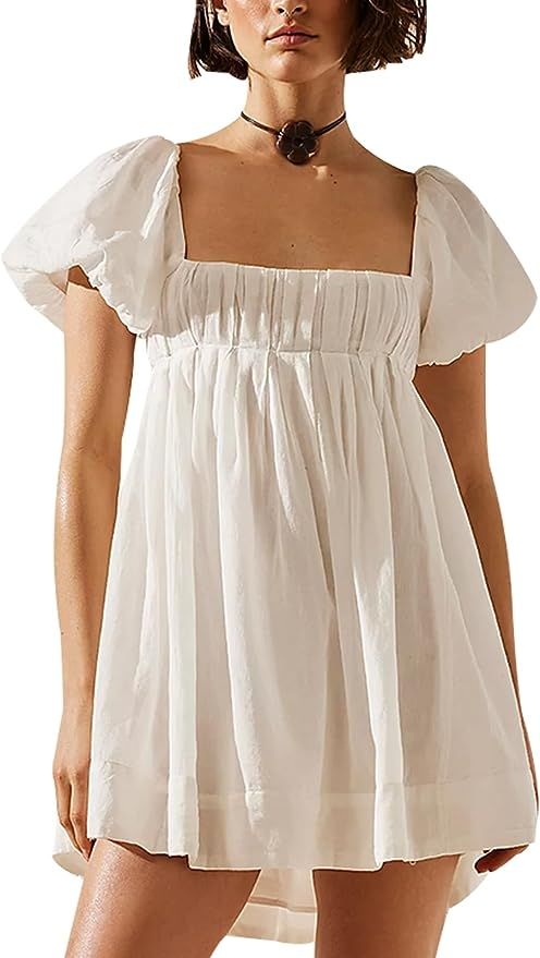 HeSaYep Women's Summer Dresses Casual Square Neck Mini Dress Short Sleeve Puffy Dress Tie Back Lo... | Amazon (US)