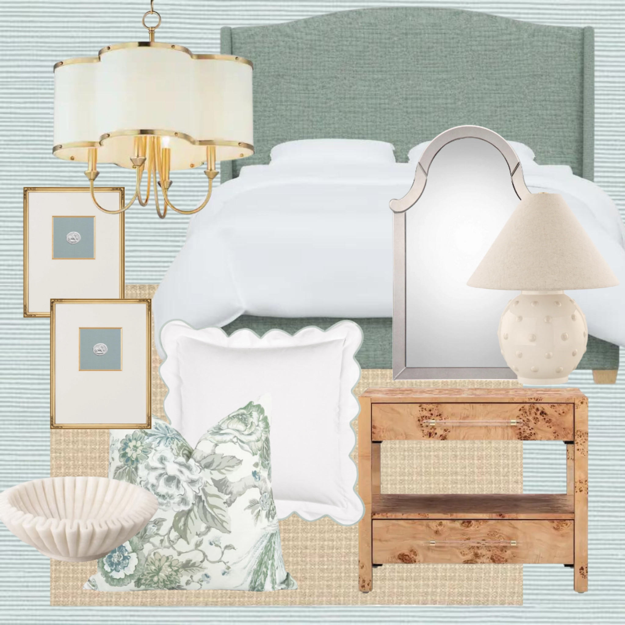 Interior design inspo, master bedro, upholstered bed, burl wood nightstand, scalloped sham, sale finds, looks for less, grandmillennial home, intaglio, marble bowl, scalloped chandelier, sisal rug, bedroom design, nightstand styling

#LTKhome #LTKsalealert #LTKFind