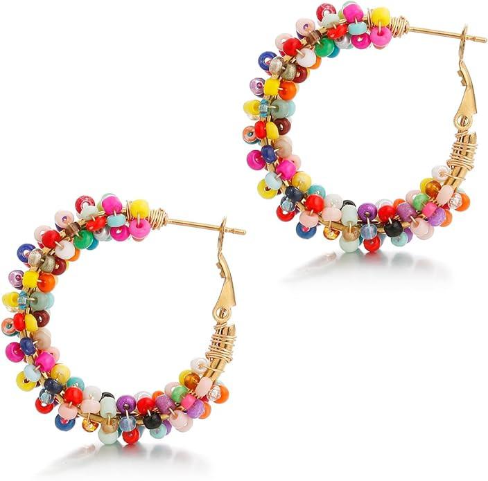 Colorful Beaded Earrings for Women, Boho Flower Hoop Earrings | Amazon (US)