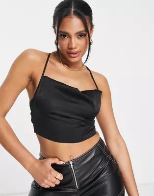 NaaNaa cowl neck back detail satin crop top in black | ASOS (Global)