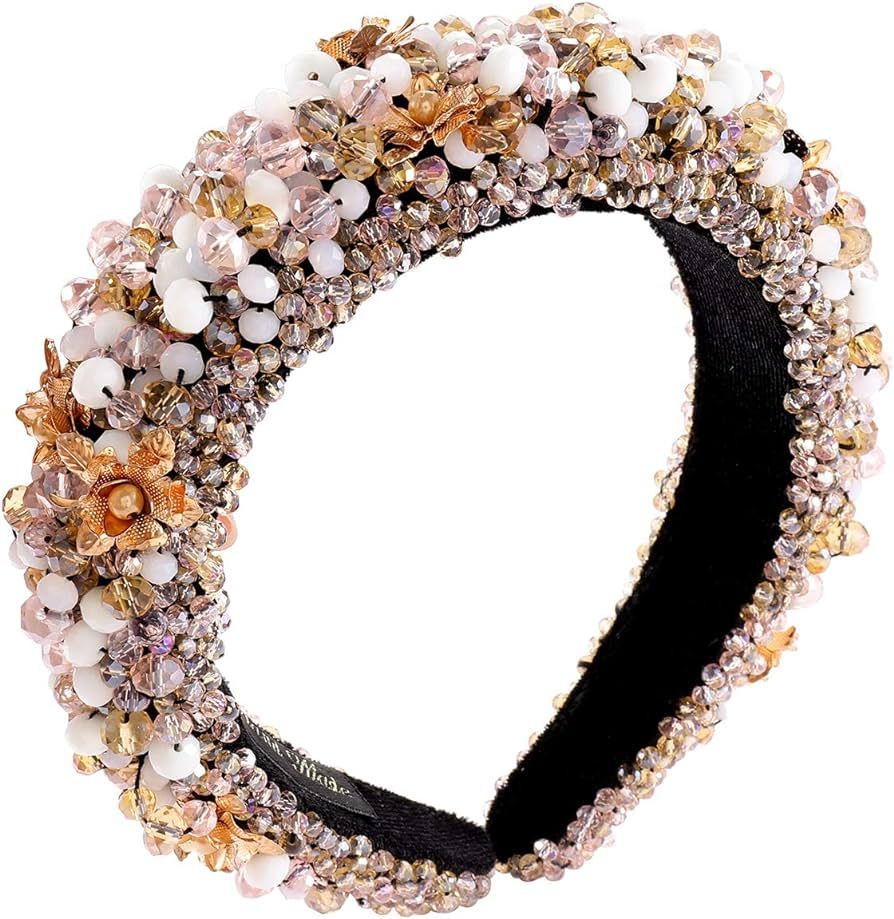GLBCC Crystal Padded Headband for Women Handmade Pink Acrylic Beaded Headband Boho Small Flower E... | Amazon (US)