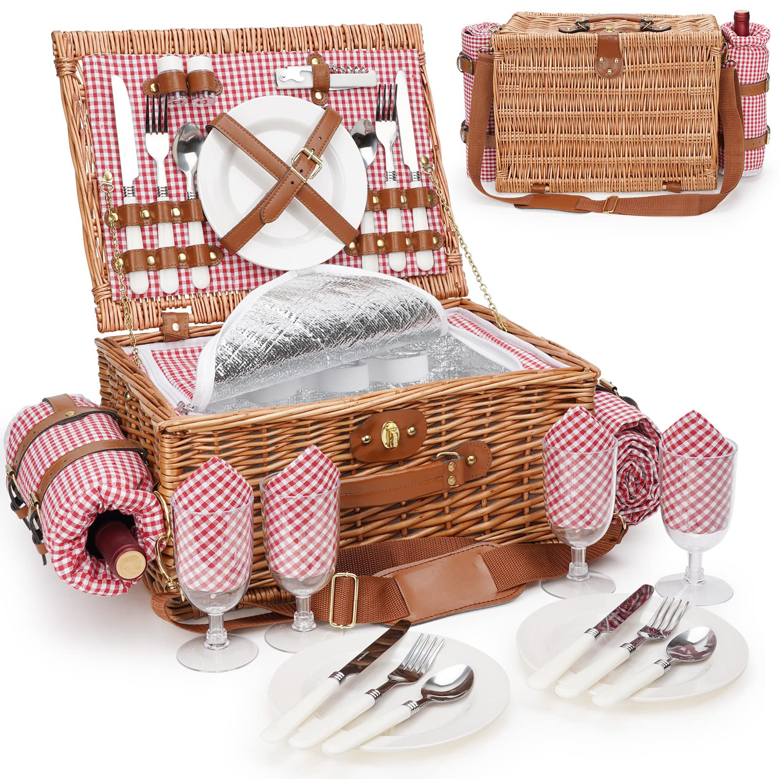 Picnic Basket for 4, Insulated Willow Picnic Baskets with Shoulder Strap, Picnic Hamper with Waterproof Picnic Blanket, Handmade Wicker Hamper for Outdoor, Great Gifts for Thanksgiving, Christmas | Amazon (US)