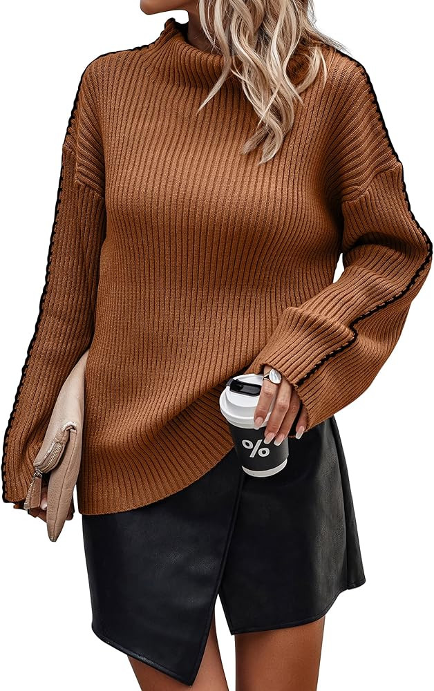 KIRUNDO Women's 2023 Fall Mock Neck Long Sleeve Ribbed Knit Contrast Stitching Oversized Chunky S... | Amazon (US)