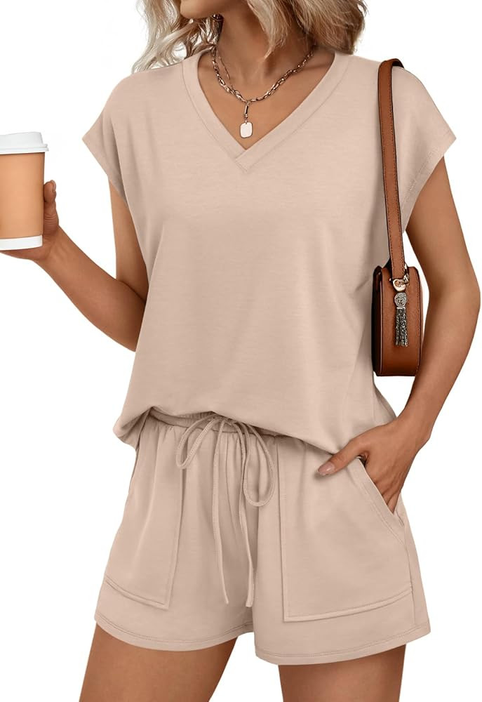 AUTOMET Women 2 Piece V Neck Matching Lounge Sets Clothing Spring Cap Sleeve Shirt and Shorts 202... | Amazon (US)