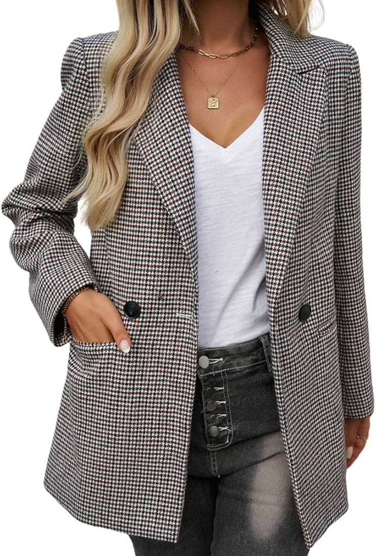 ELFTOWN Women's Open Front Blazers Pea Coats Plaid Houndstooth Business Wool Blend Suits Jackets | Amazon (US)