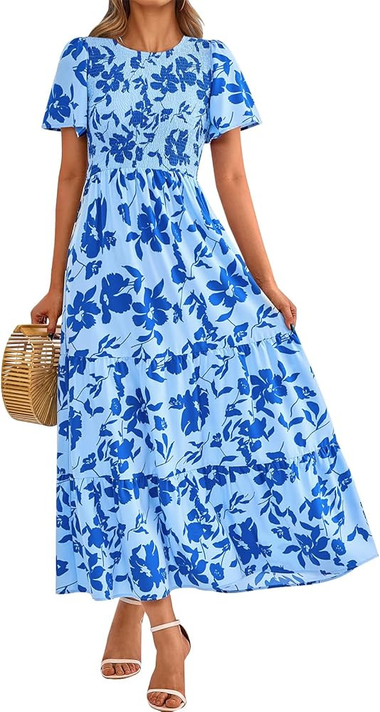 PRETTYGARDEN Women's 2026 Summer Casual Flutter Short Sleeve Boho Floral Maxi Dress Crew Neck Smo... | Amazon (US)