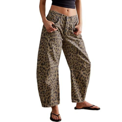 SIAIBIN Y2k Womens Cheetah Print Barrel Pants - Leopard Print Jeans - Brown Leopard, M, Medium | Amazon (US)