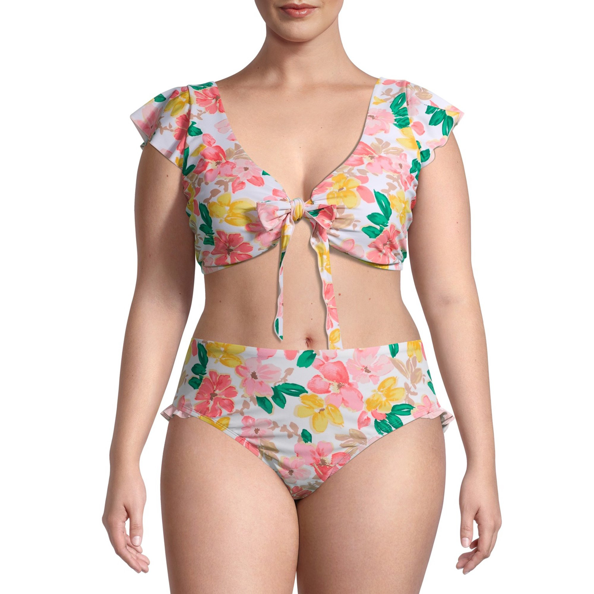 Time and Tru Plus Size Cap Sleeve Tie-Front Swimsuit Bikini Top | Walmart (US)