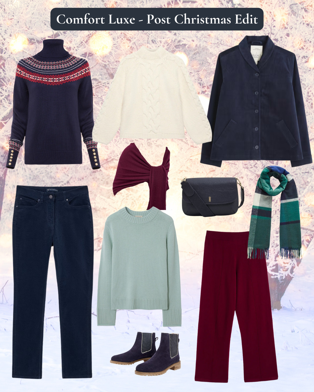 What to wear between Christmas and New Year - comfortable knits in Festuve colours and styles, smart casual cosy wool trousers and velvet jeans, wraps and scarves that pull outfits together 

 #LTKfestive #LTKover50style #LTKstyletip