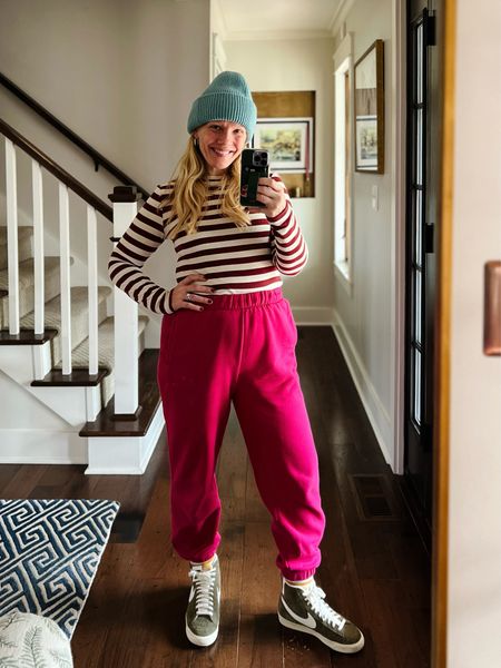 Sweatpants for school drop off don’t have to be boring! These are my favorite sweatpants - then added a stripe top, high top sneakers, a beanie hat, layered necklace and Amazon earrings. 
❤️ Claire Lately 

#LTKMostLoved #LTKfindsunder100 #LTKstyletip