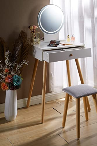 Amazon.com: LUXFURNI Vanity Desk with Lighted Mirror, Makeup Vanity Table Set, Adjustable Brightn... | Amazon (US)