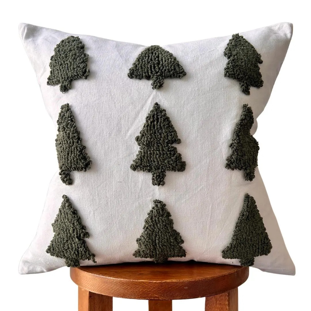 White Christmas Tree Pillow Cover 18x18 – Forest Green Tufted Trees, Canvas Fabric, Hidden Zipp... | Etsy (US)
