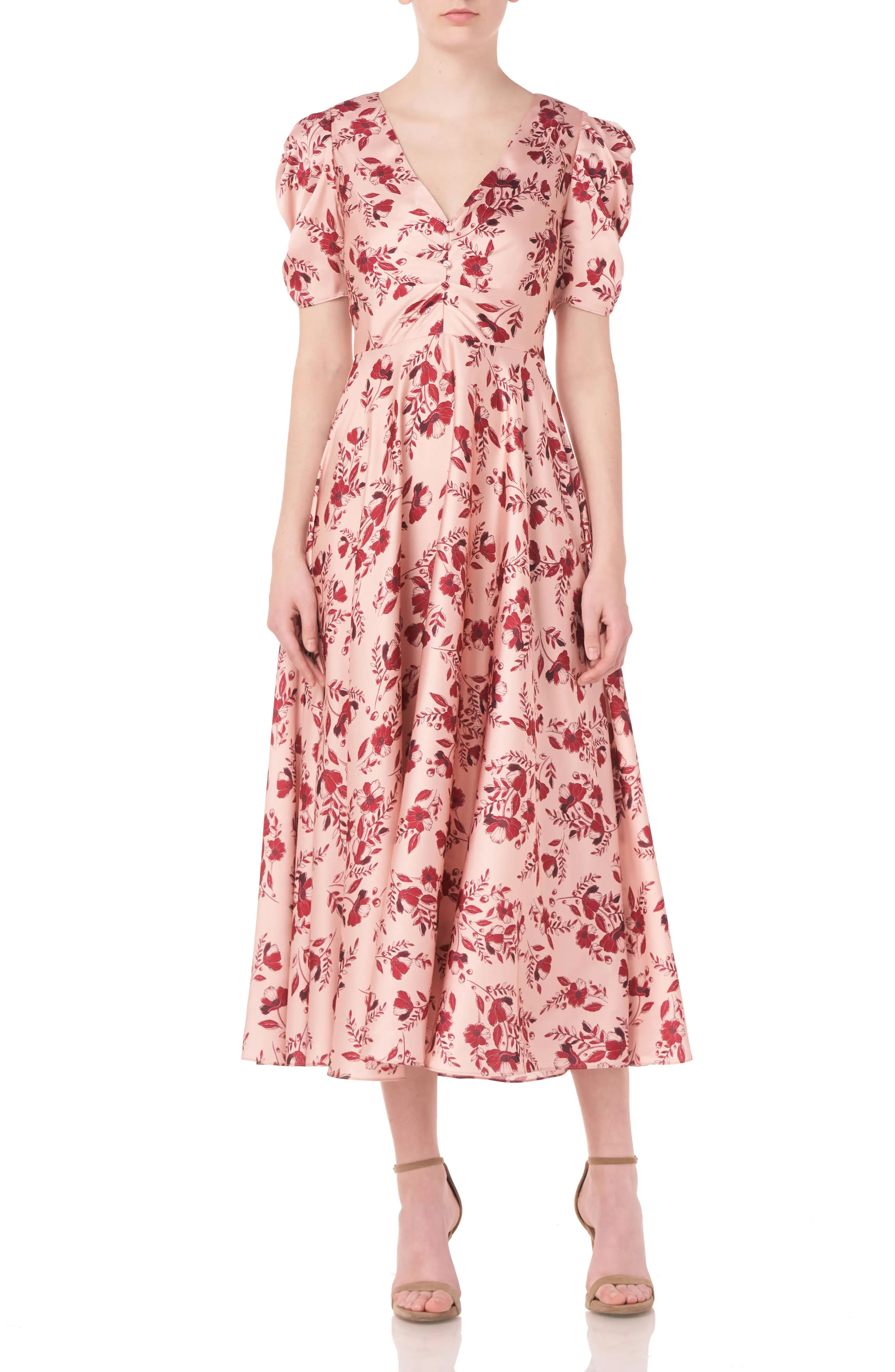 Women's Ml Monique Lhuillier Printed Floral Midi Dress, Size 16 - Beige | Nordstrom