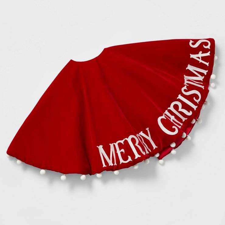 48" 'Merry Christmas' Velvet Christmas Tree Skirt with Poms Red/White - Wondershop™ | Target