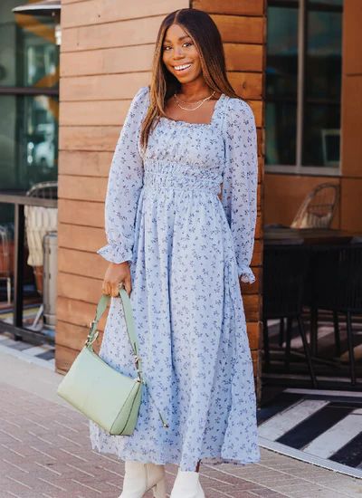 Long Sleeve Square Neck Shirred Maxi Dress | Gibson