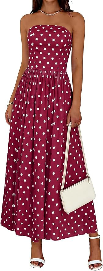 Wenrine Womens Polka Dot Strapless Dress Summer Smocked Tube Top Casual Sleeveless Long Flowy Max... | Amazon (US)