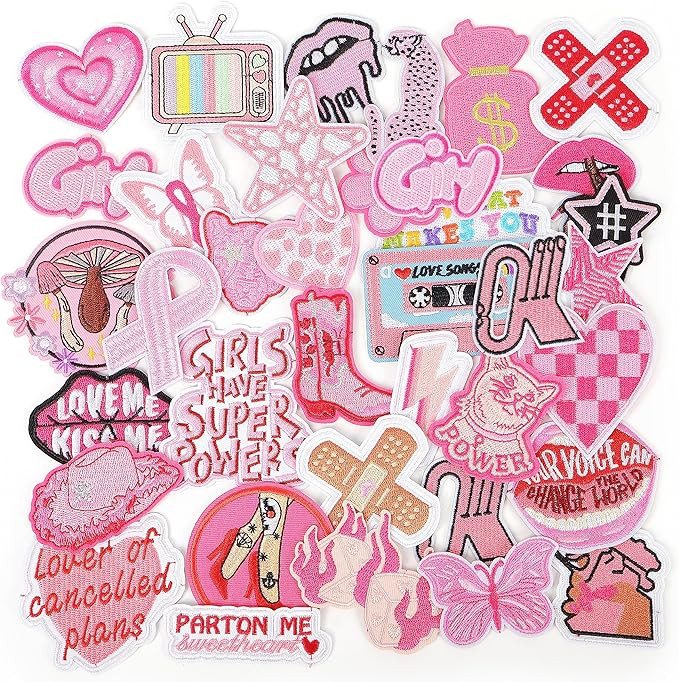 NICEVINYL Embroidered Preppy Iron on Patches: 35PCS Pink Embroidery Sew on Applique Patch for Clo... | Amazon (US)