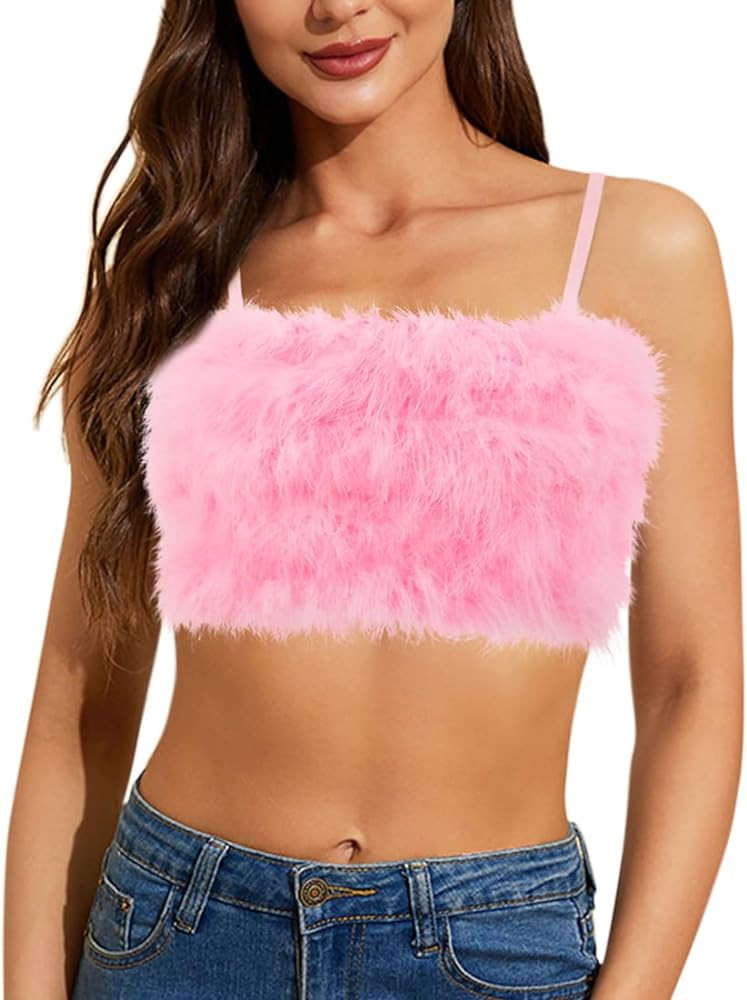 Vimoisa Women Faux Fur Tank Top Spaghetti Strap Crop Cami Top Tight Sleeveless Tube Top Vest | Amazon (US)