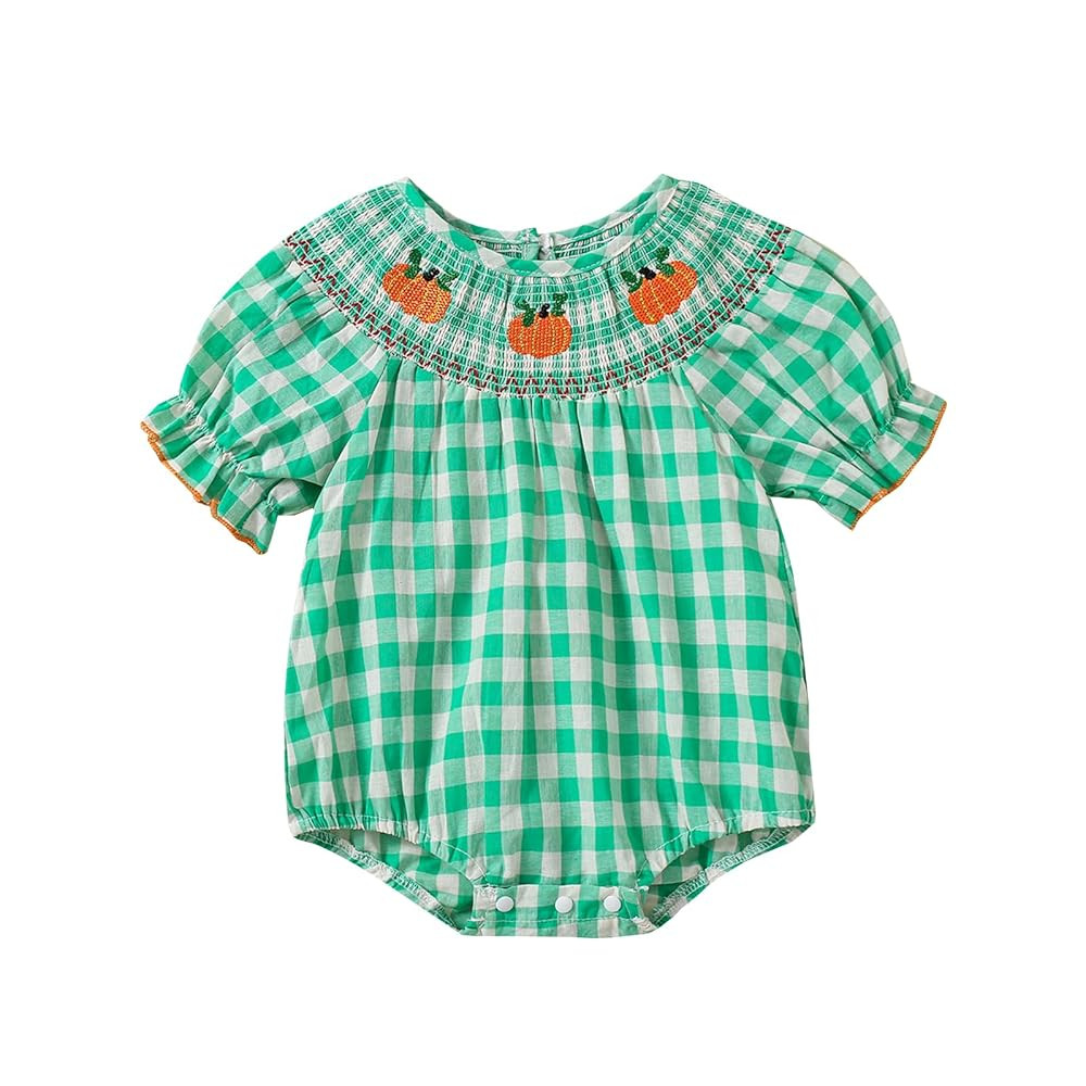 Baby Girl Halloween Outfit Pumpkin Print Puff Short Sleeve Smocked Bubble Romper Cotton Linen Pla... | Amazon (US)