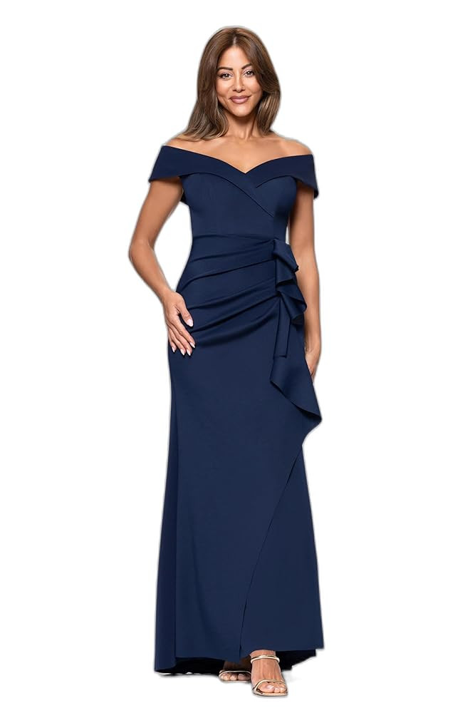 Xscape Women's Long Off Shoulder Sweetheart Neck Side Ruffle Gown (Reg and Petite) | Amazon (US)