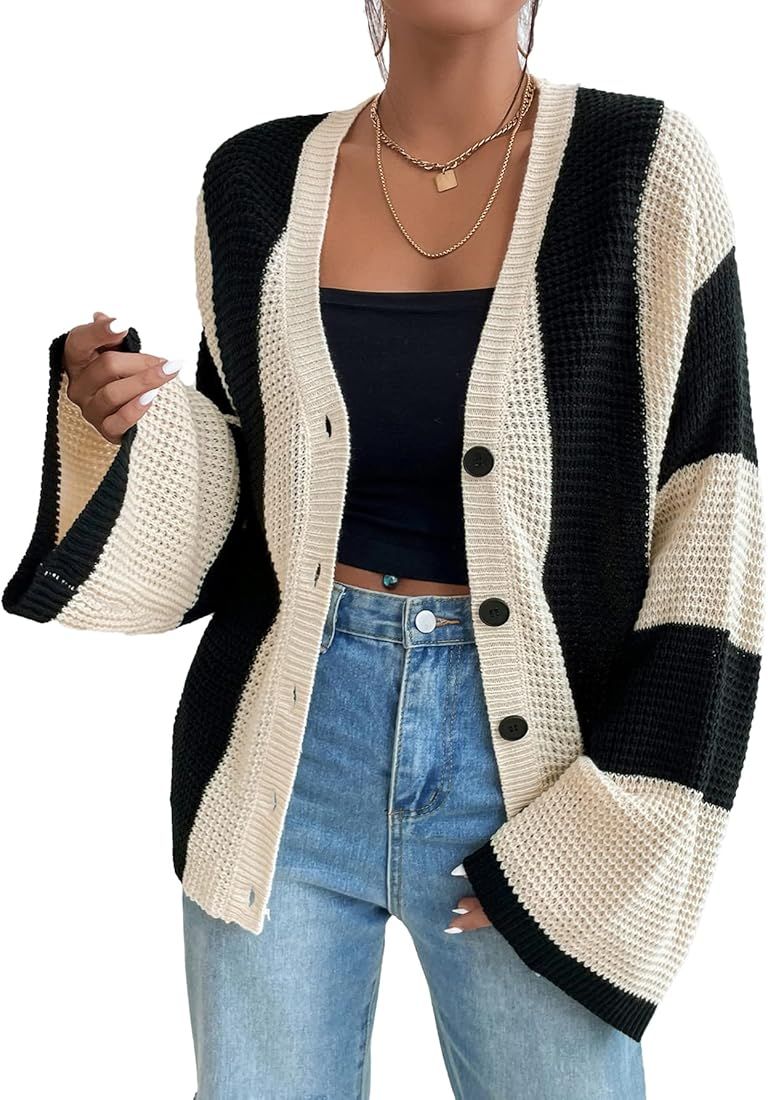 Verdusa Women's Colorblock Drop Shoulder Button Front Bell Sleeve Knitted Cardigan Sweater | Amazon (US)