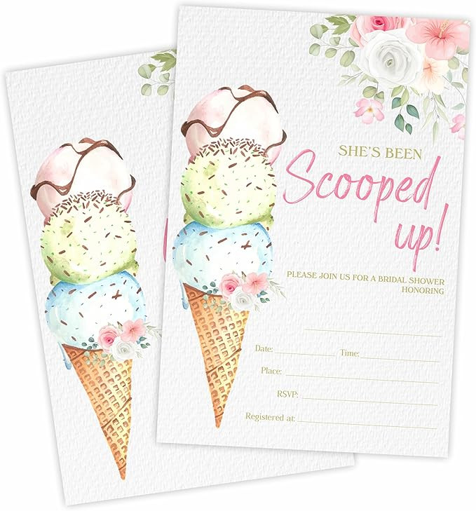 Ice Cream & Floral Bridal Shower Invitations - She's Been Scooped Up - 4 x 6 Inches Invites (25 C... | Amazon (US)