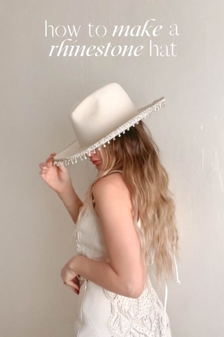 DIY Rhinestone Hat🤍

I'm sure you've seen this hat all over IG & Pinterest, so I wanted to share with you how I made my own in less than 20 mins. 

You only need 4 supplies:
+ a flat brim or cowgirl hat in any color 
+ rhinestone trim 
+ E6000 Glue or hot glue 
+ scissors 

Step-by-step instructions listed in the video on my Instagram - @evaacatherine🤍

The exact trim I used is no longer available, but I liked similar here.

Tutorial, how-to, diy craft, bride to be, disco cowgirl, outfit inspo, daily outfit, pinterest girl, pinterest aesthetic, even effortless chic, rhinestone cowboy hat, bedazzled hat, wide brim hat, street style, minimal style, #cowboyhat #western #rhinestonehat 

