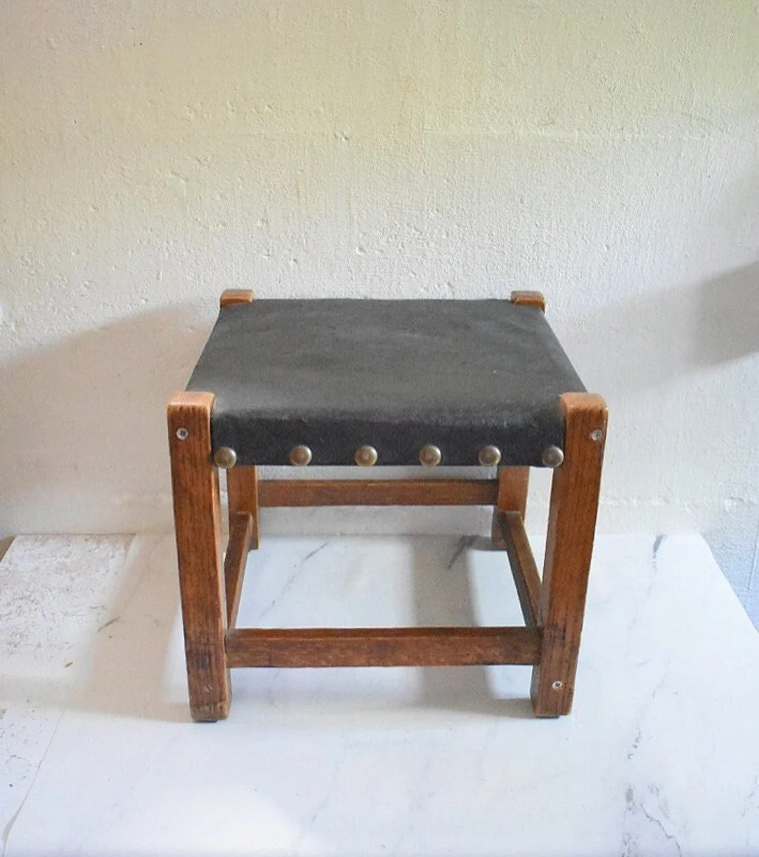 antique Lakeside Craft Shops Sheboygan leather top wood ottoman stool | Etsy (US)