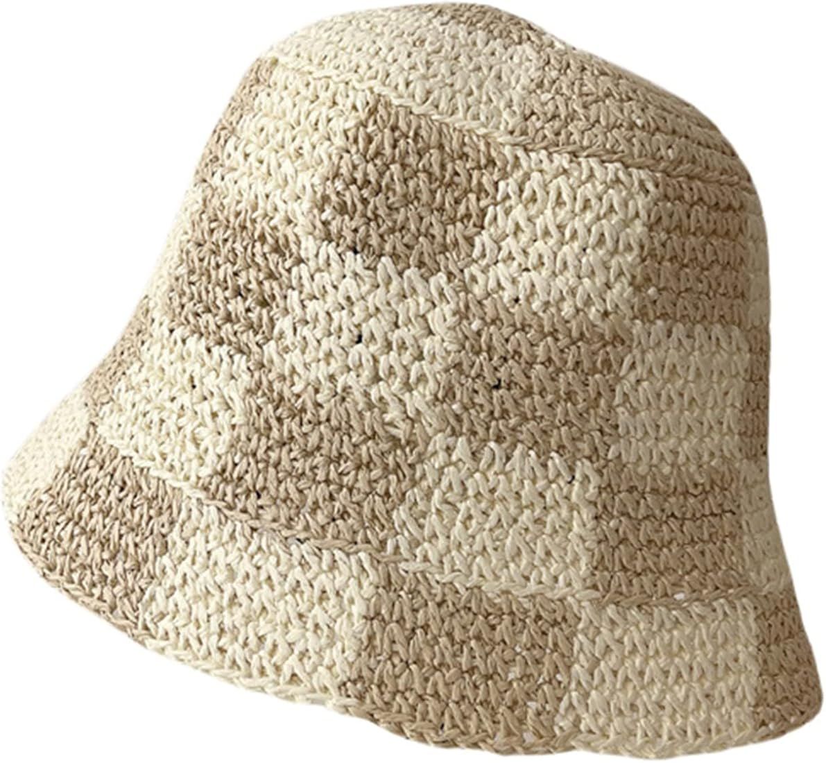 Women Wide Brim Sun Crochet Bucket Hat Cute Flower Pattern Knitted Fisherman Hat Summer Trendy Outdo | Amazon (US)