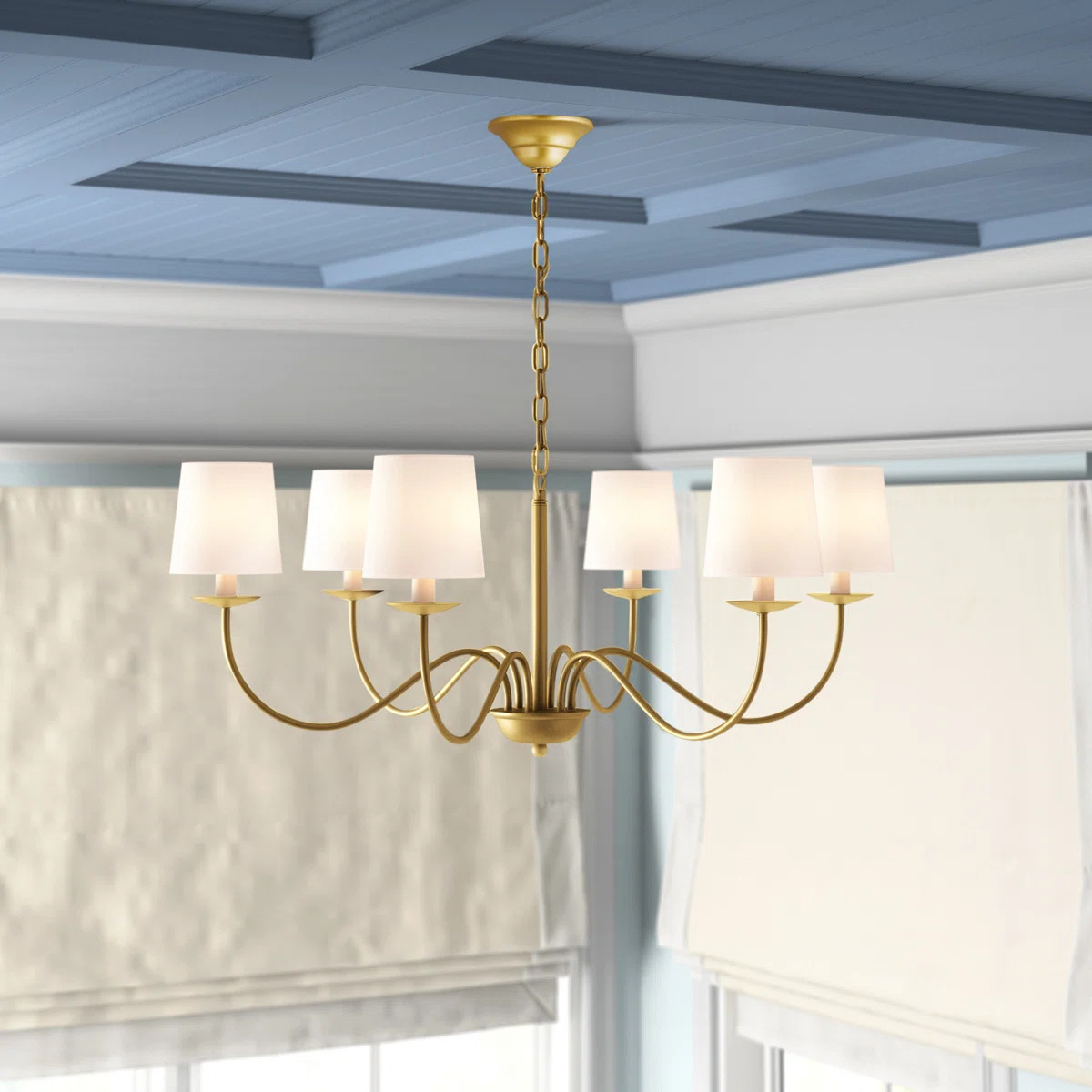 Living District Eclipse 6 light Brass and White shade chandelier | Wayfair North America