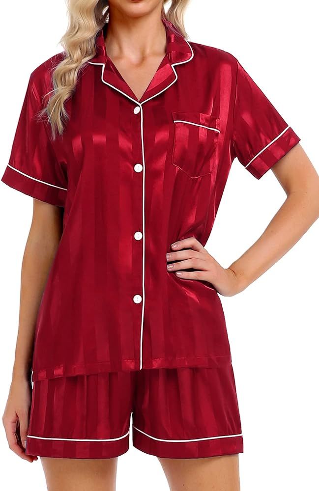 SWOMOG Womens Silk Satin Pajamas Set Short-Sleeve Nightwear Button Down Sleepwear 2 Pcs Pj Set Lo... | Amazon (US)
