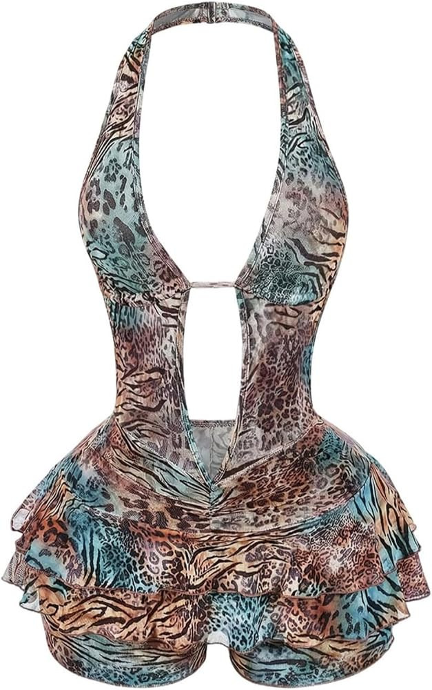 Verdusa Women's Y2K Leopard Print Halter Romper Backless Ruffle Jumpsuit | Amazon (US)