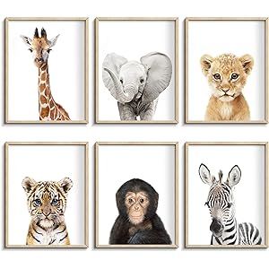 Set of 6 Baby Safari Nursery Wall Decor - Picture Cute Animal Wall Prints on Canvas, under 20 dol... | Amazon (US)