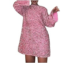 MCILLO Women's Sequined Dress Petersham Ribbon Long Sleeve Party Night Out Club Dresses | Amazon (US)
