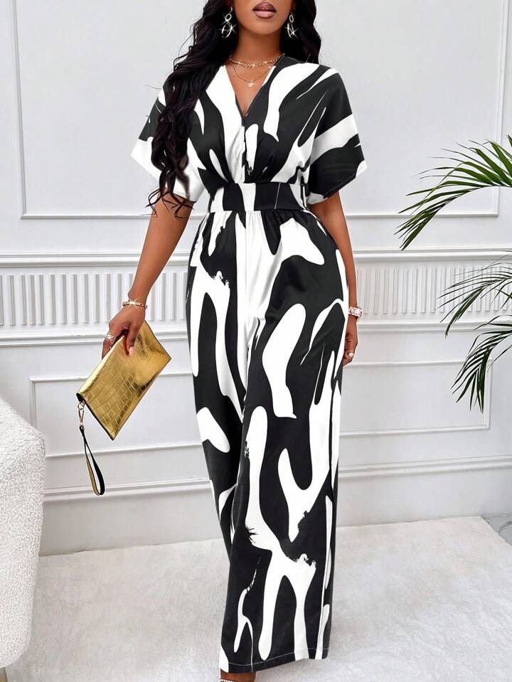 SHEIN Lady Graphic Print Batwing Sleeve Wide Leg Jumpsuit | SHEIN
