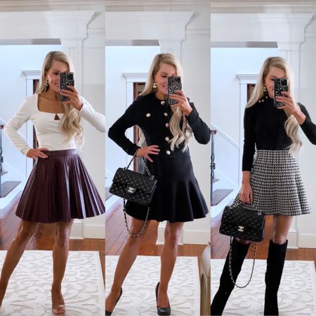 Recent favorite outfits styled with skirts 

Bodysuit : XS
Faux leather pleated skirt : similar linked 
Sweater skirt : xs
Black sweater blazer : xs
Houndsooth A- Line skirt : xs 
Black turtleneck : xs


#LTKFind #LTKworkwear #LTKSeasonal