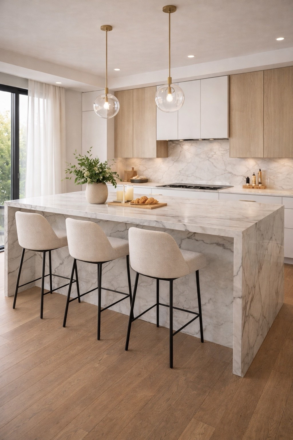 Modern kitchen design featuring a large marble island with waterfall edge and stylish modern bar stools. Clean lines, neutral tones and elegant lighting create a timeless, cozy yet luxurious space. Perfect inspiration for a modern kitchen with island seating and contemporary home decor.

#kitcheninspo
#modernkitchen
#marbleisland
#kitchenisland
#barstools
#modernhome
#neutralinterior
#luxurykitchen
#homedecor
#interiorinspiration
#kitchendesign
#ltkhome
