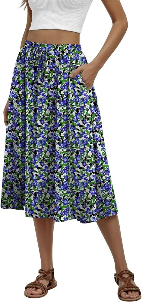 Women's Midi Skirt Summer Pleated Flowy Elastic High Waisted Skirts with Pockets | Amazon (US)