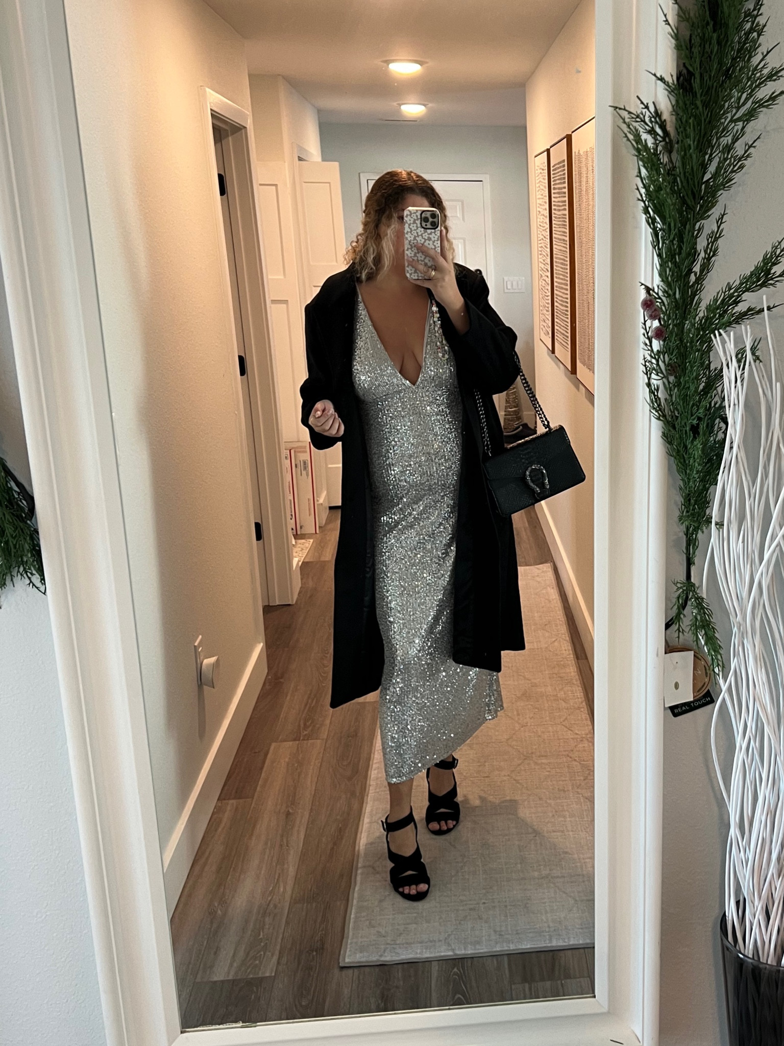 Holiday party dress, wool coat, long dress, plunge neck dress, sequin dress, holiday outfit, New Years Eve outfit 

#LTKmidsize #LTKHoliday #LTKparties