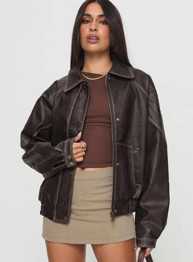 Jaxton Faux Leather Jacket Brown | Princess Polly US