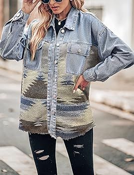 Lumister Women's Aztec Denim Jacket Distressed Lapel Long Sleeve Vintage Button Down Denim Jacket... | Amazon (US)