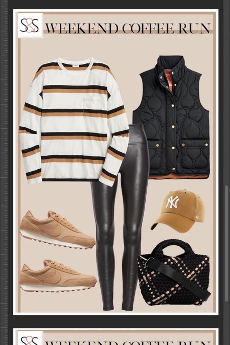 J crew striped shirt with faux leather leggings and excursion vest and tote with Nike sneakers are a perfect  vacation travel outfit. 

#LTKU #LTKtravel #LTKstyletip