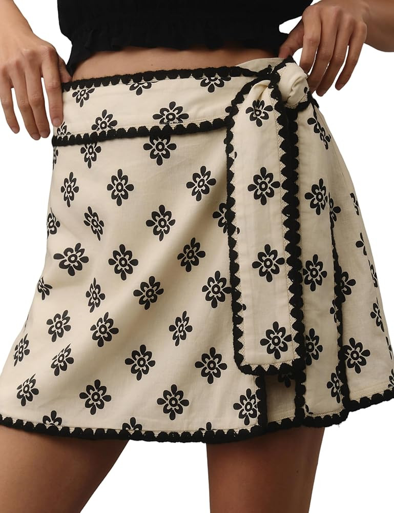 Womens Wrap Skort Printed Skirt Elastic Waist Short Mini Skirts with Side Tie | Amazon (US)