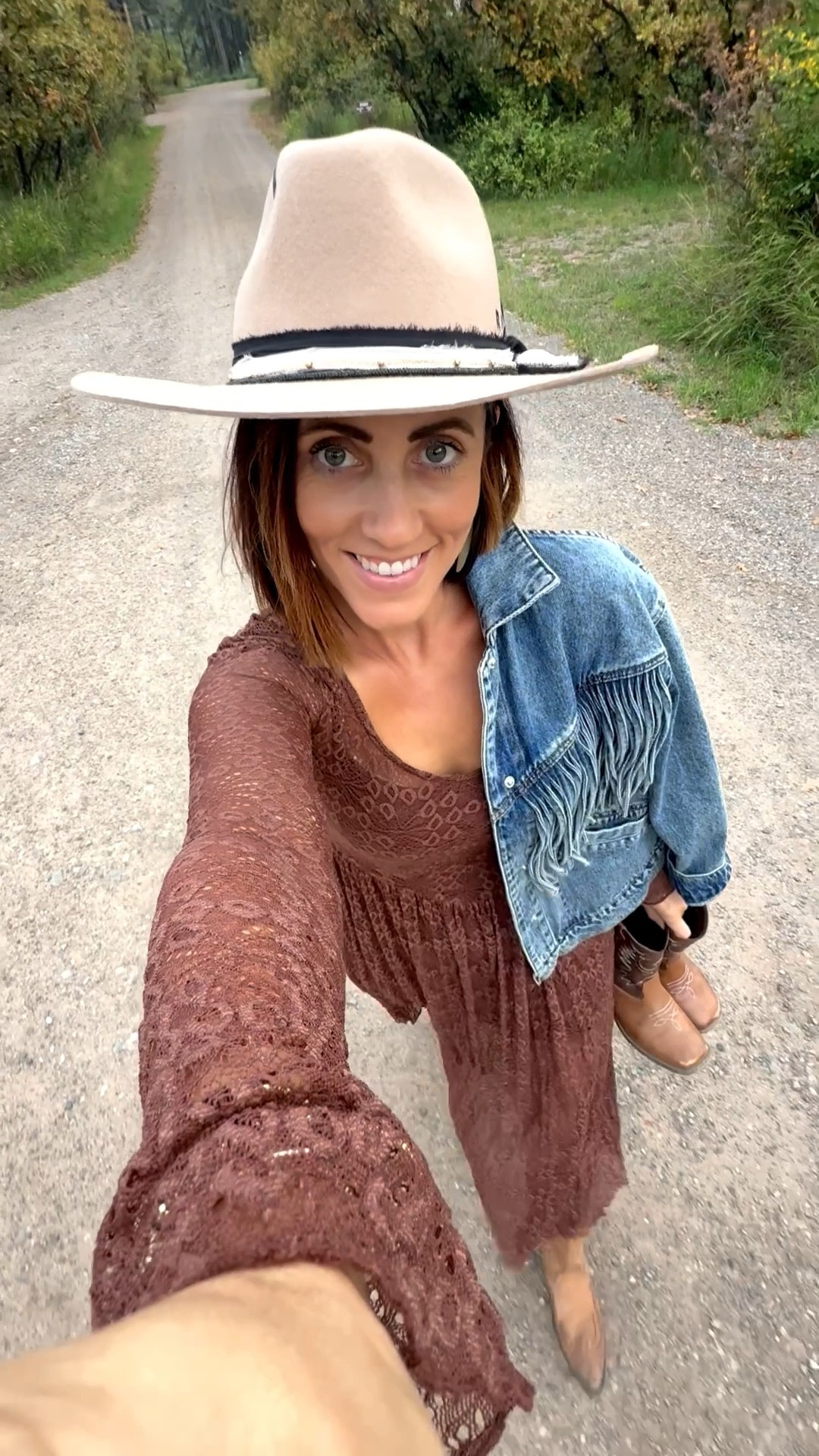 Brown lace dress for fall! 🤎

- dress - size XS 
- denim jacket with Fringe - size small 
- custom hat - Rustler
- boots - Nashville boutique 

Western style, fall photo outfit, fall dress, maxi dress 

#LTKFindsUnder100 #LTKStyleTip #LTKOver40