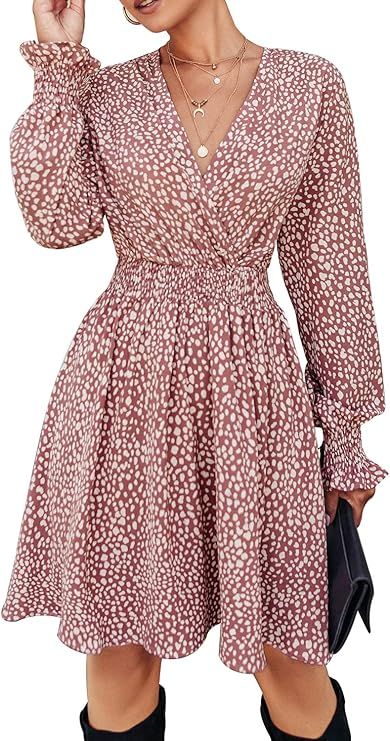PRETTYGARDEN Women's Leopard Mini Dress Long Sleeve V Neck Elastic High Waist Chiffon Swing A-Lin... | Amazon (US)
