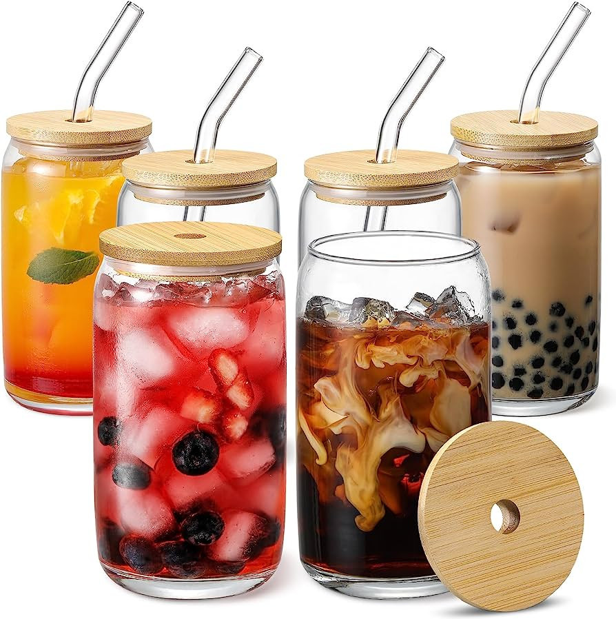 [ 6pcs Set ] Glass Cups with Bamboo Lids and Glass Straw - Beer Can Shaped Drinking Glasses, 16 o... | Amazon (US)