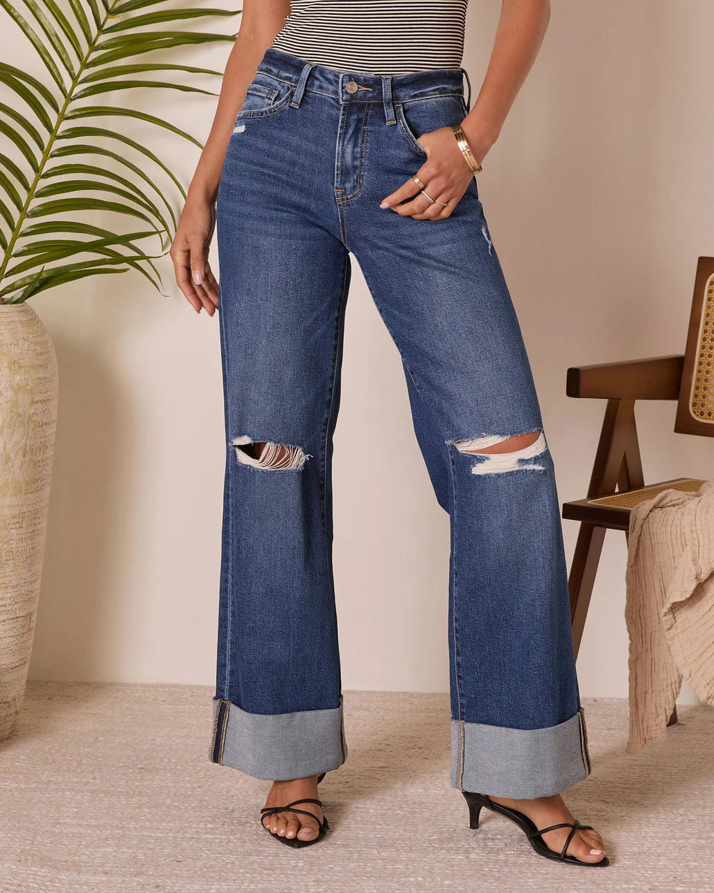 Jaidan Distressed Wide Leg Cuffed Jeans | VICI