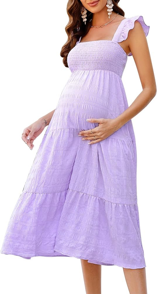 KOJOOIN Womens Maternity Dress Summer Sleeveless Smocked Square Neck Ruffle Casual Boho Midi Dres... | Amazon (US)